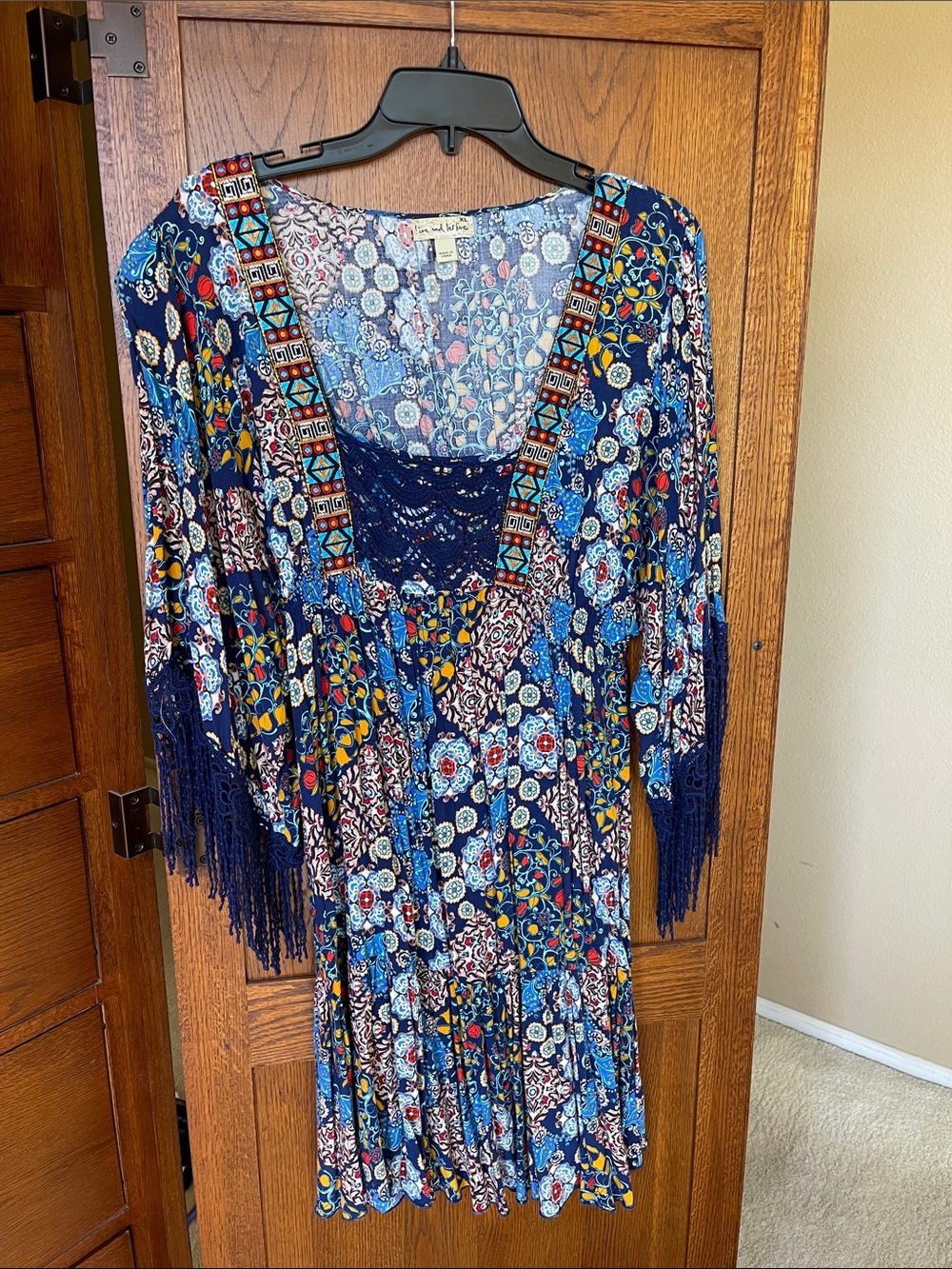 Free People Navy Multi Boho Fringe Tie-Shoulder Long Sleeve Dress